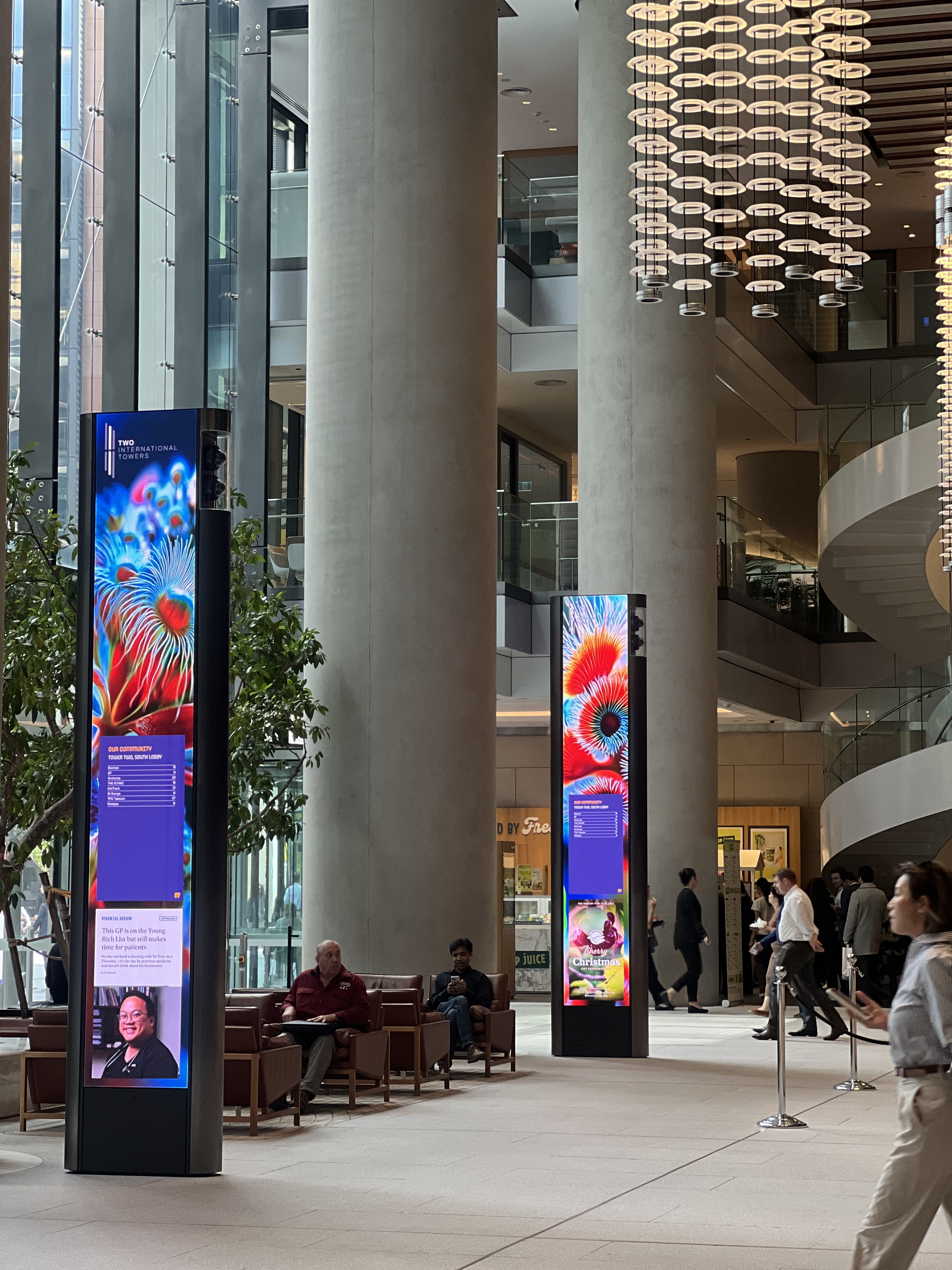 Barangaroo Tidal Flora artwork displayed on LED totem in the International Towers lobby
